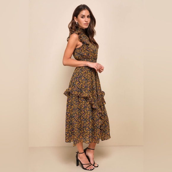 Lulus Mustard Floral Mock Neck Midi Dress 🌼 - Picture 3 of 12